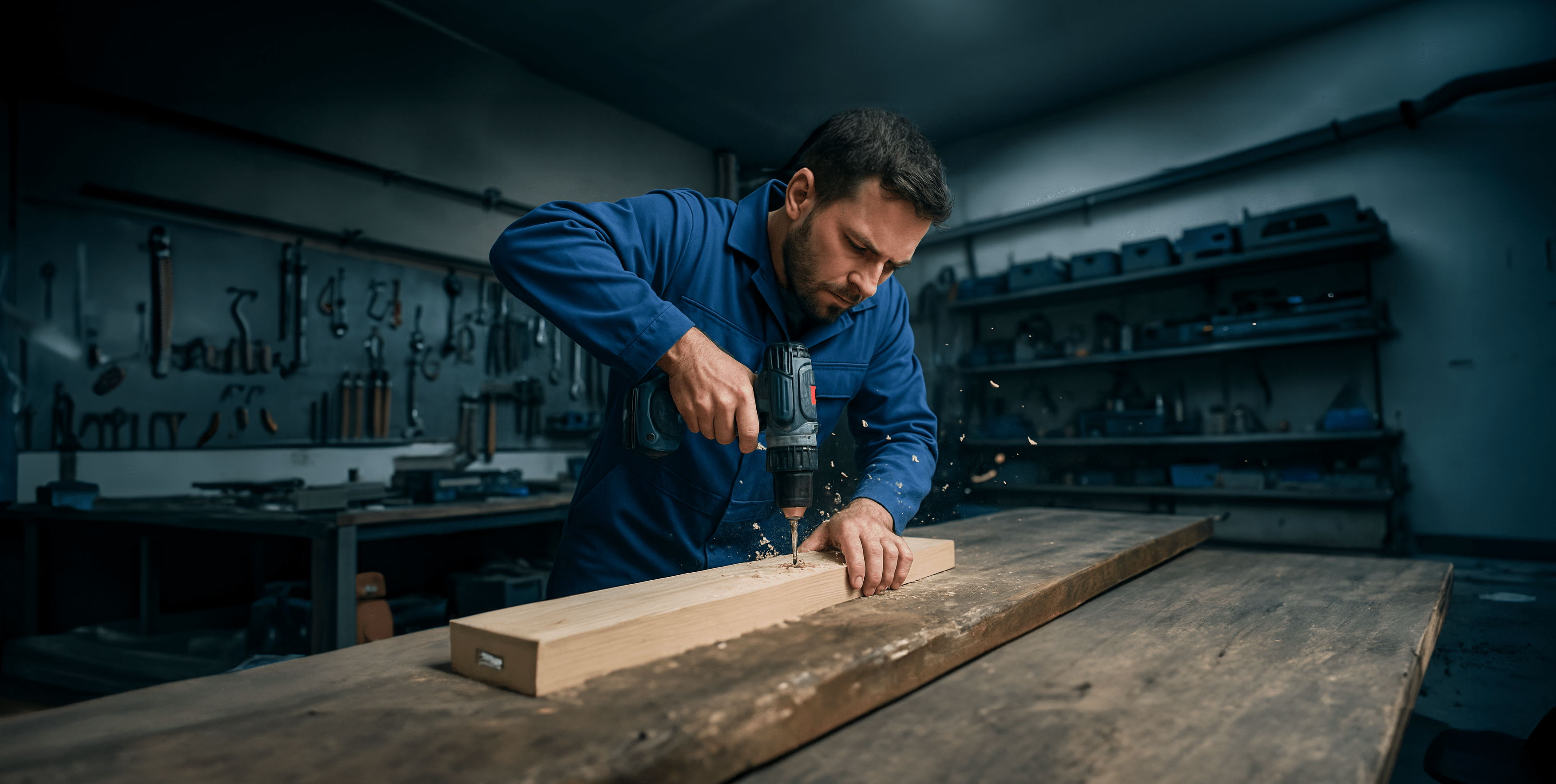 Handwerker im blauen Overall schraubt mit einem Akku-Schrauber in einen Holzbalken, während Holzspäne dynamisch durch die Luft fliegen.