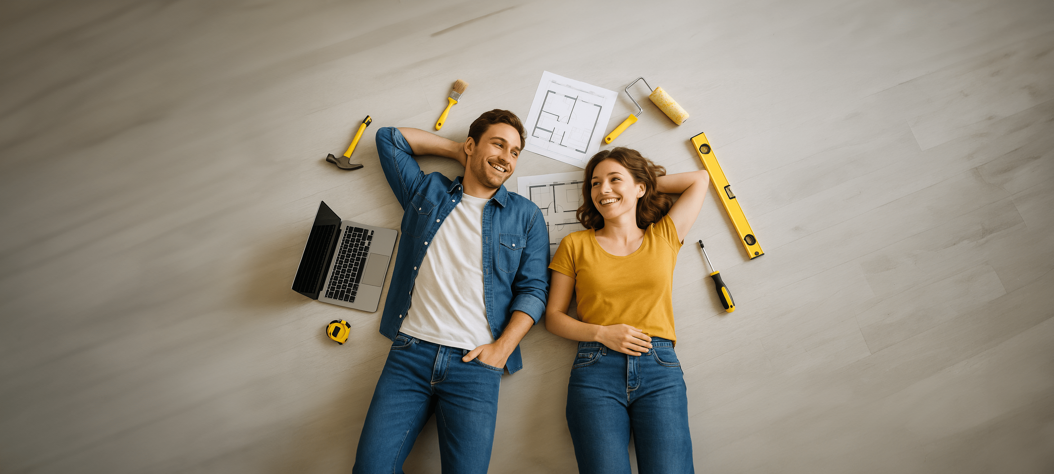 Ein junges Paar liegt entspannt auf dem Boden, umgeben von Werkzeugen, Bauplänen und einem Laptop, und schaut sich lächelnd an.