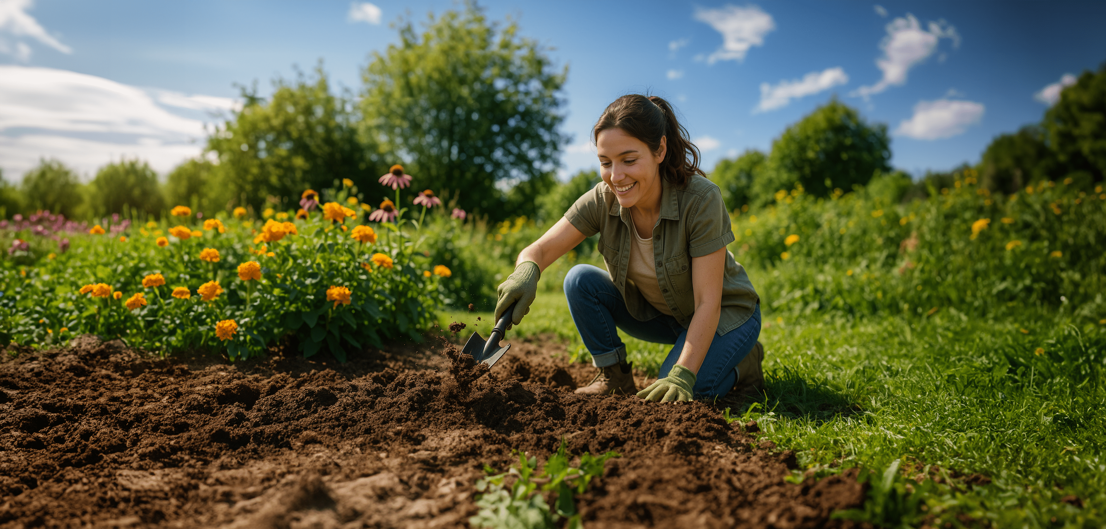 Frau kniet im Garten und lockert mit einer kleinen Schaufel die Erde in einem Beet, während Erde dynamisch aufwirbelt. Im Hintergrund blühende Blumen.