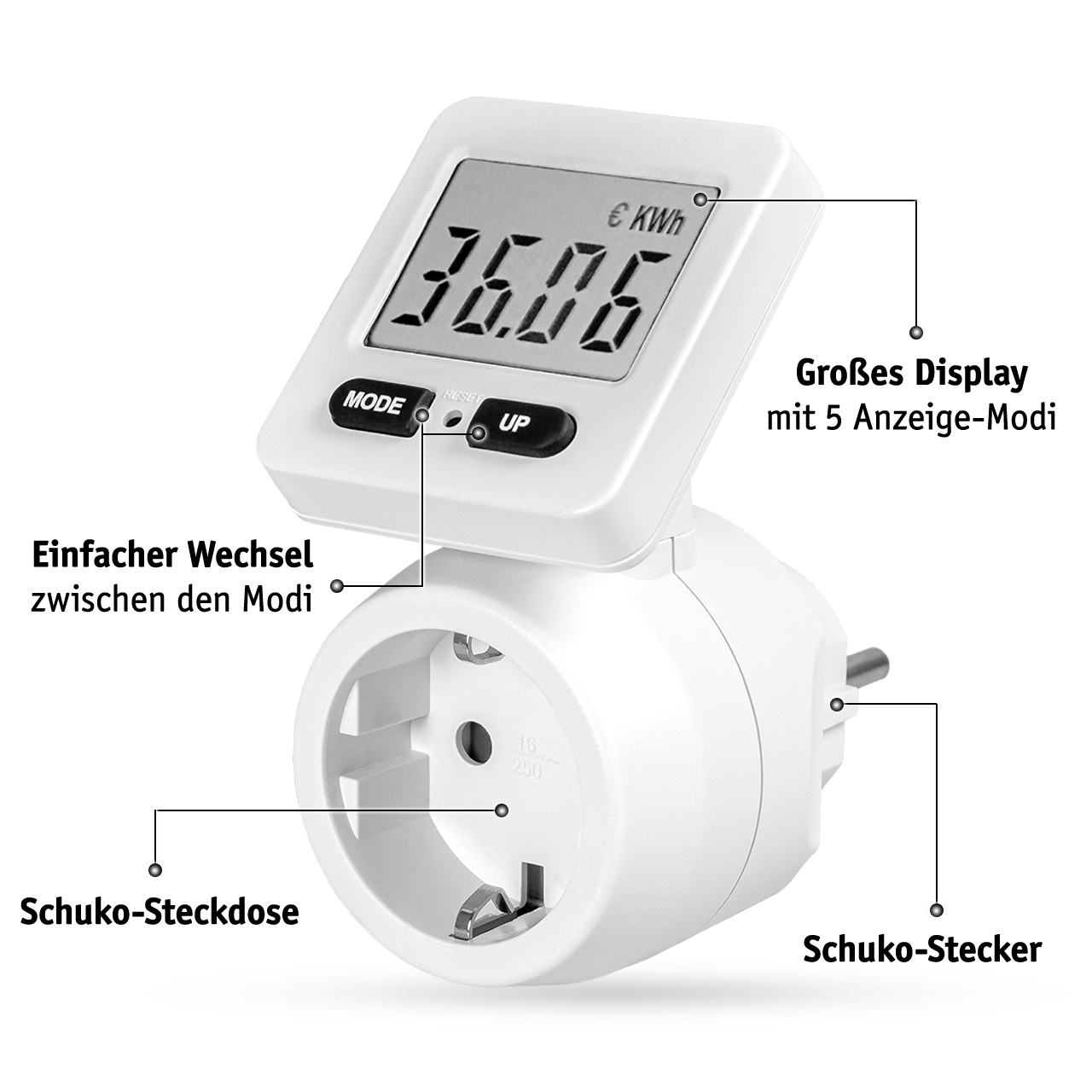 WALTER Steckdosenadapter mit Stromzähler