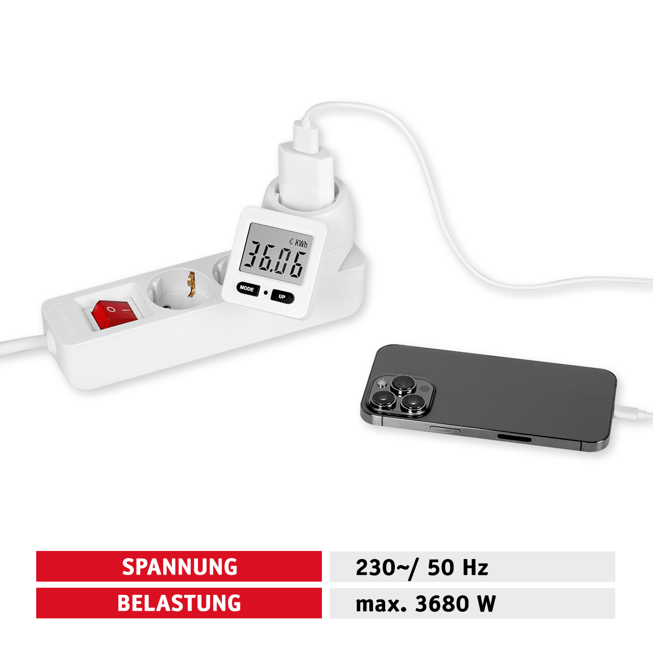 WALTER Steckdosenadapter mit Stromzähler
