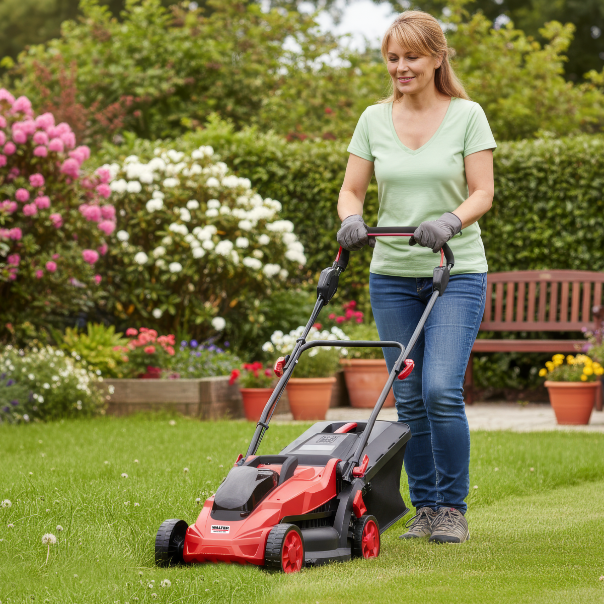 Battery-powered lawnmower with mulching function and 2 batteries