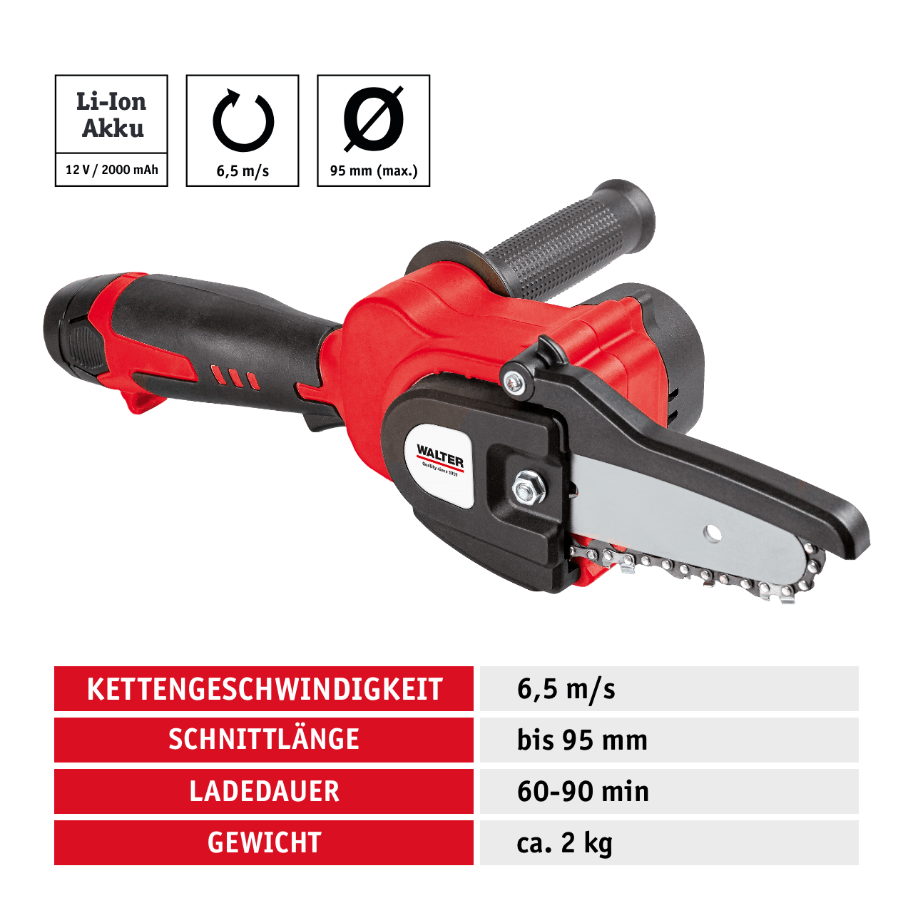 WALTER Li - Ion - Akku Hochentaster Kettensäge 12 V mit 2 Akkus