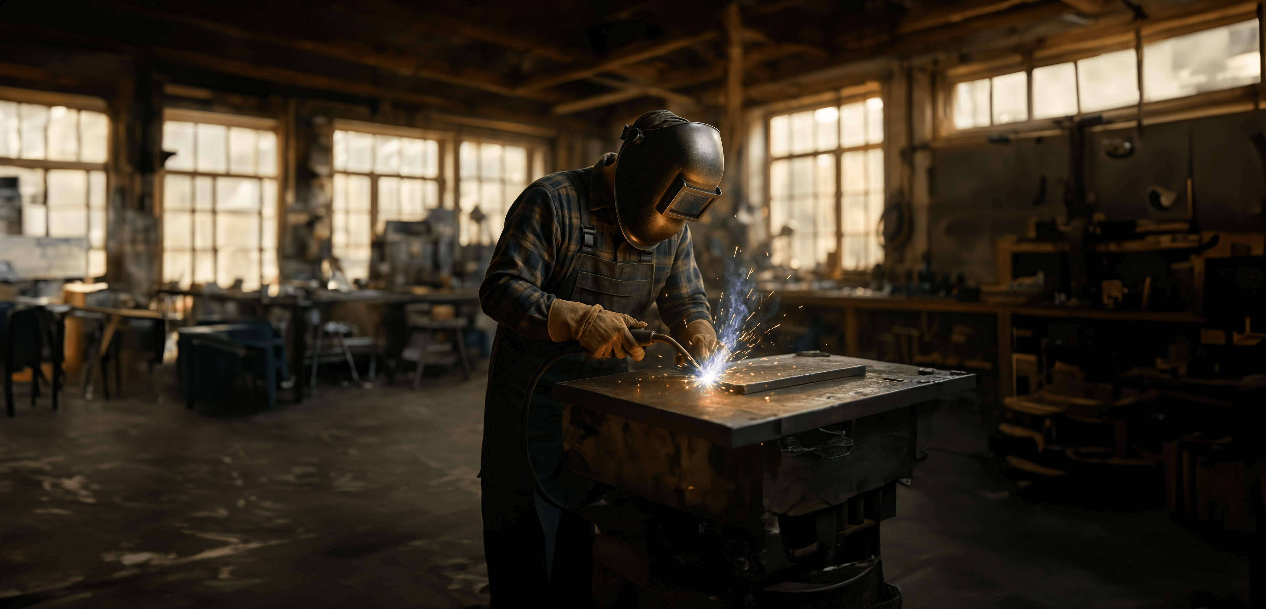 Alt-Text: Handwerker mit Schweißmaske beim Schweißen in einer Werkstatt, Funken sprühen vom Werkstück auf einem Arbeitstisch.