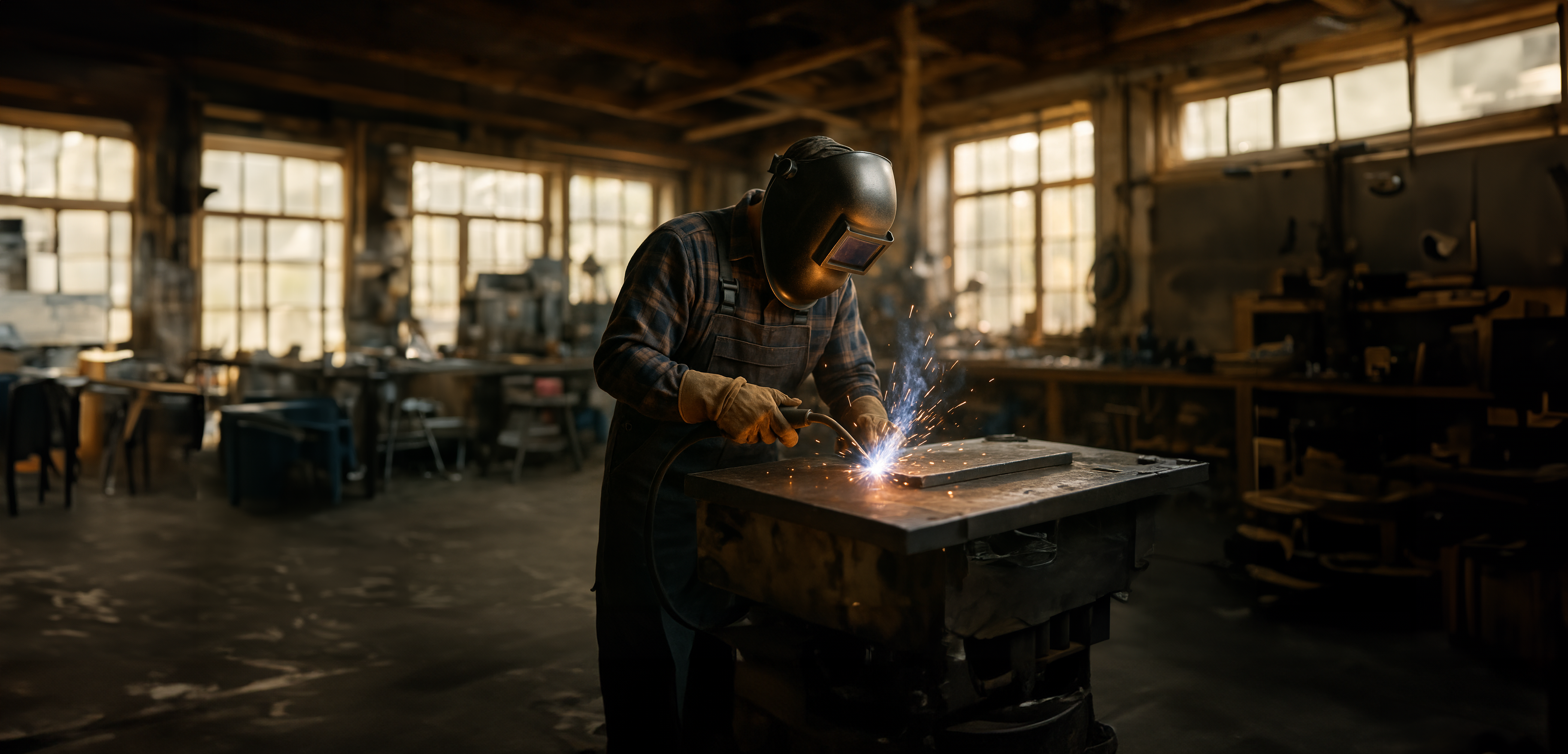 Alt-Text: Handwerker mit Schweißmaske beim Schweißen in einer Werkstatt, Funken sprühen vom Werkstück auf einem Arbeitstisch.