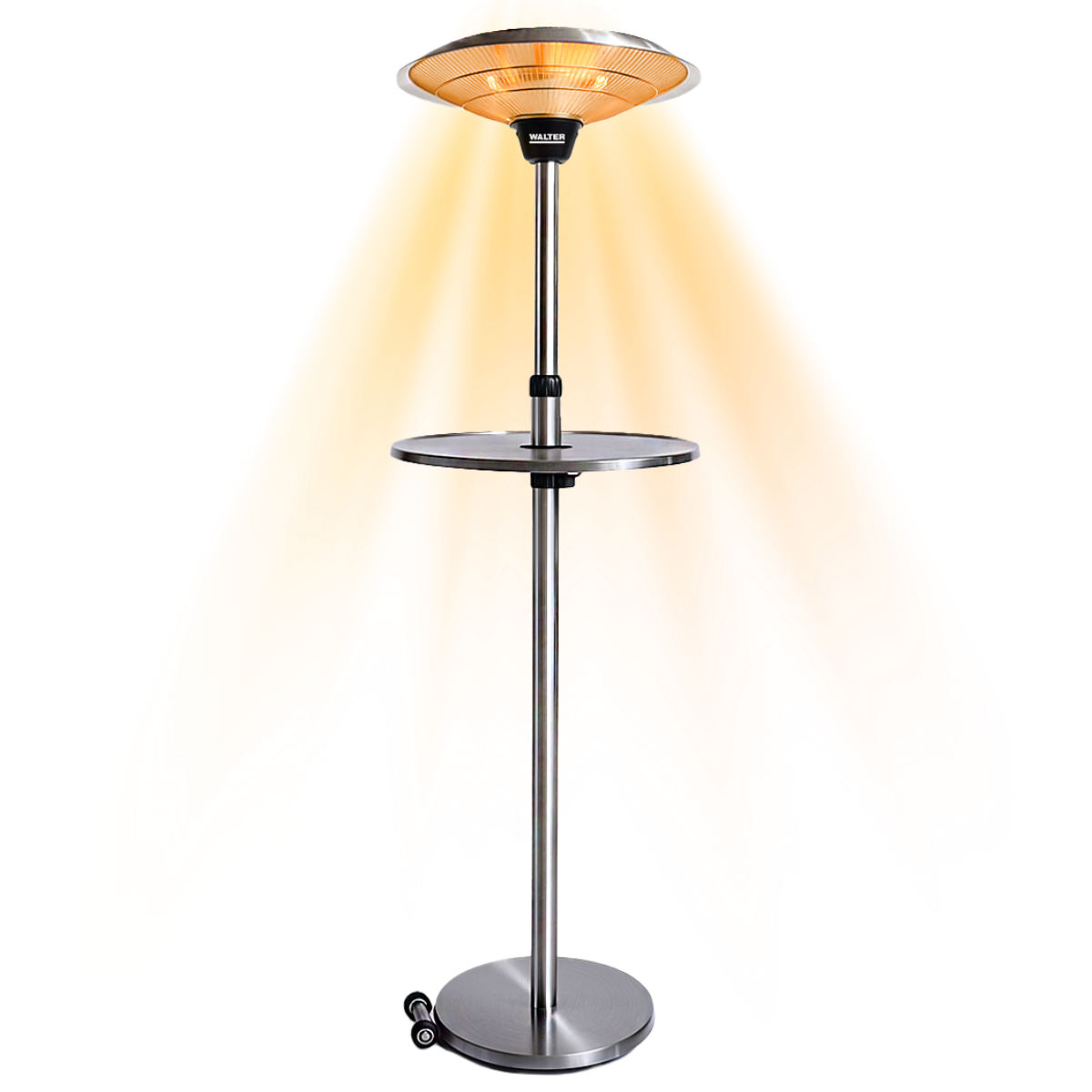 Halogen patio heater including wheels