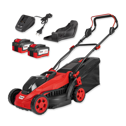 Battery-powered lawnmower with mulching function and 2 batteries