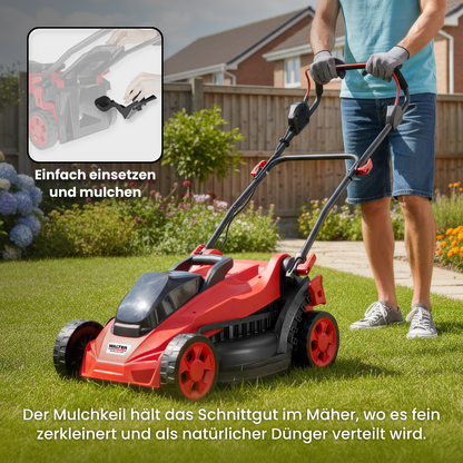Battery-powered lawnmower with mulching function and 2 batteries