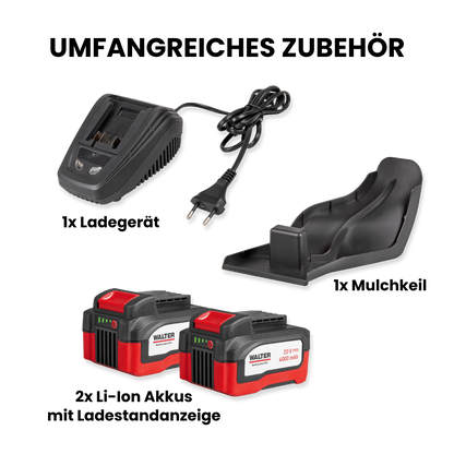 Battery-powered lawnmower with mulching function and 2 batteries