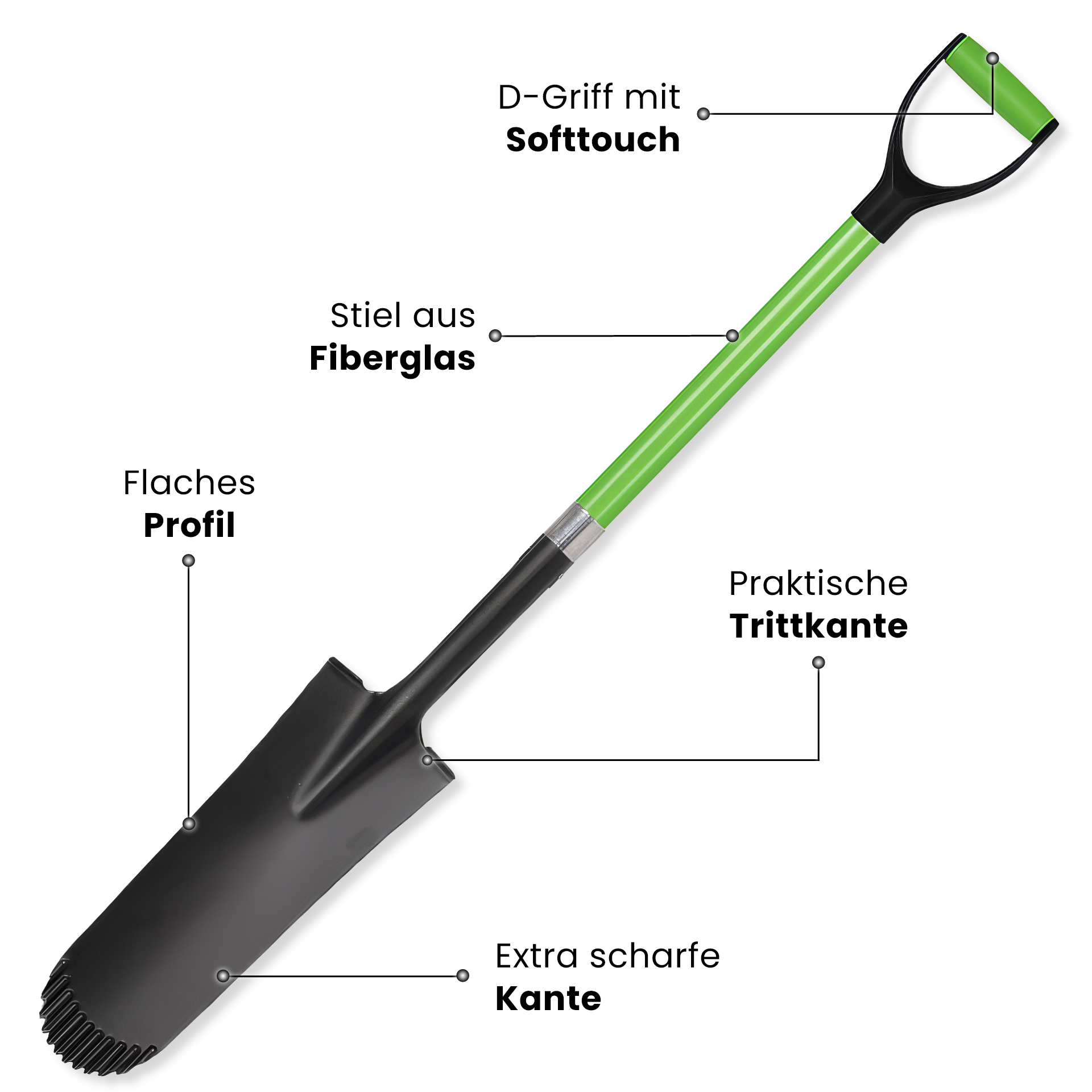 Drainage spade with fiberglass handle